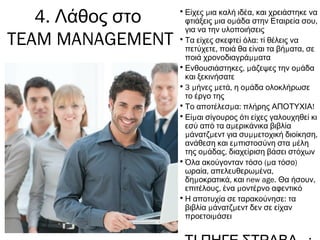 • μ ,Είχες ια καλή ιδέα και χρειάστηκε να
μ μ ,φτιάξεις ια ο άδα στην Εταιρεία σου
για να την υλοποιήσεις
• :Τα είχες σκεφτεί όλα τί θέλεις να
, μ ,πετύχετε ποιά θα είναι τα βή ατα σε
μμποιά χρονοδιαγρά ατα
• , μ μΕνθουσιάστηκες άζεψες την ο άδα
και ξεκινήσατε
•3 μ μ , μήνες ετά η ο άδα ολοκλήρωσε
το έργο της
• μ : !Το αποτέλεσ α πλήρης ΑΠΟΤΥΧΙΑ
• μΕί αι σίγουρος ότι είχες γαλουχηθεί κι
μεσύ από τα α ερικάνικα βιβλία
μ μ μμ ,άνατζ εντ για συ ετοχική διοίκηση
μ μανάθεση και ε πιστοσύνη στα έλη
μ ,της ο άδας διαχείριση βάσει στόχων
• (μ )Όλα ακούγονταν τόσο α τόσο
, μ ,ωραία απελευθερω ένα
μ , new age. ,δη οκρατικά και Θα ήσουν
, μεπιτέλους ένα οντέρνο αφεντικό
• :Η αποτυχία σε ταρακούνησε τα
μ μβιβλία άνατζ εντ δεν σε είχαν
μπροετοι άσει
4. Λάθος στο
TEAM MANAGEMENT
 