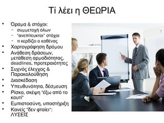 ΩΤί λέει η ΘΕ ΡΙΑ
• μ & :Όρα α στόχοι
– μμσυ ετοχή όλων
– "ανεπίτευκτοι” στόχοι
– τι κερδίζει ο καθένας
• μΧαρτογράφηση δρό ου
• ,Ανάθεση δράσεων
μ μ ,ετάθεση αρ οδιότητας
deadlines, προτεραιότητες
• &Συχνός έλεγχος
Παρακολούθηση
• Διασκέδαση
• , μΥπευθυνότητα δέσ ευση
• , "Ρίσκο σκέψη έξω από το
"κουτί
• μ ,Ε πιστοσύνη υποστήριξη
• " “:Κανείς δεν φταίει
ΛΥΣΕΙΣ
 