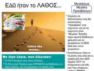 ΔΩ ...Ε ήταν το ΛΑΘΟΣ μΜετρήσι α
Μεγάλα
μΠροσβάσι α
•Ξέχασες να
διαπιστώσεις πώς θα
αποκτούσες
“Πρόσβαση” στα
segments, και αν τα
segments ήταν
“Μεγάλα” δηλαδή
μείχαν αρκετά διαθέσι α
μχρή ατα για να
αγοράσουν το ΝΕΟ
δικό σου value
proposition
• μ :Αποτέλεσ α τόσο οι
Πωλητές σου όσο και η
Δ μ Διαφή ισή σου ΕΝ
ήξεραν ΠΟΎ να
,στοχεύσουν και ΑΝ
,εκεί που στόχευαν
Με λίγα λόγια, σου έλλειπαν:
•Το ΠΟΥ θα βρεις τους νέους Πελάτες
• ,Το ΑΝ οι νέοι Πελάτες είχαν ΧΡΗΜΑΤΑ να διαθέσουν εν
,καιρώ Κρίσης για να αγοράσουν το Προϊόν σου
follow the
money…
 