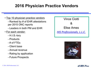 2016 Physician Practice Vendors
• Top 10 physician practice vendors
- Ranked by # of EHR attestations
per 2015 ONC reports
- Leaders in both PM and EHR
• For each vendor:
- H.I.S.-tory
- Products
- # of FTEs
- Client base
- Annual revenue
- Rating by application
- Future Prospects
© 2016 HIS Professionals, LLC
Vince Ciotti
&
Elise Ames
HIS Professionals, L.L.C.
 