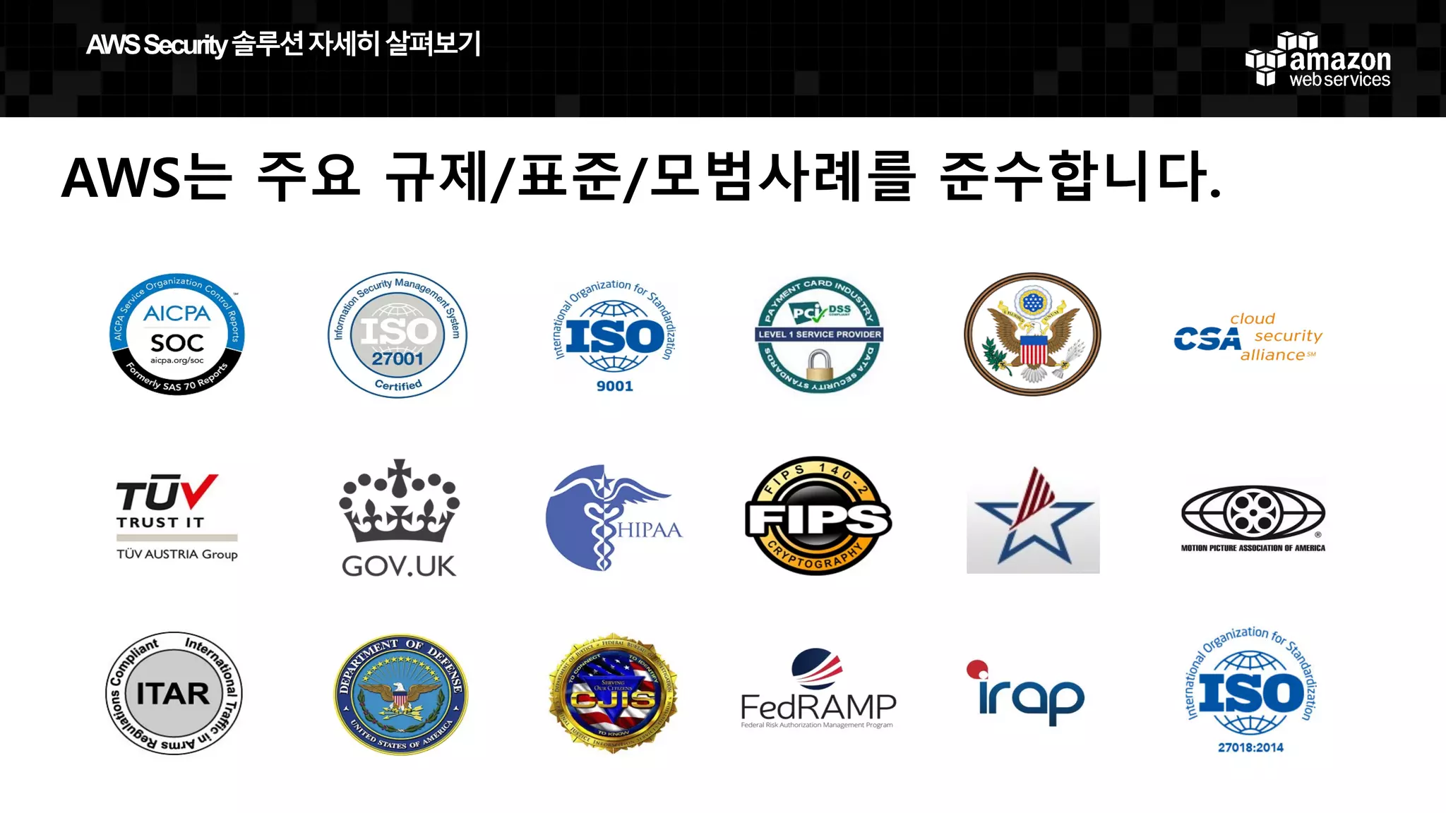 AWS는 주요 규제/표준/모범사례를 준수합니다.
AWS  Security  솔루션자세히살펴보기
 