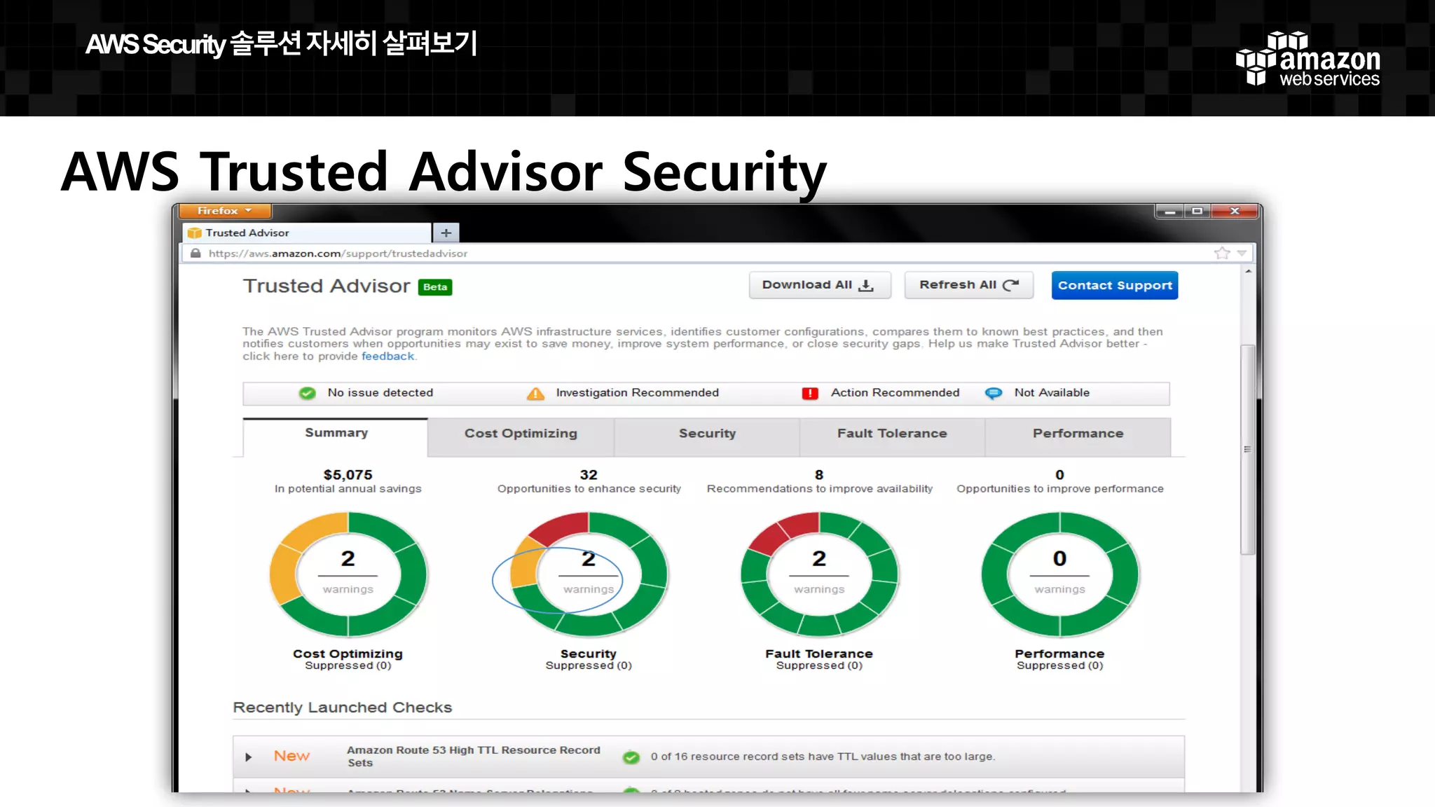 AWS Trusted Advisor Security
AWS  Security  솔루션자세히살펴보기
 