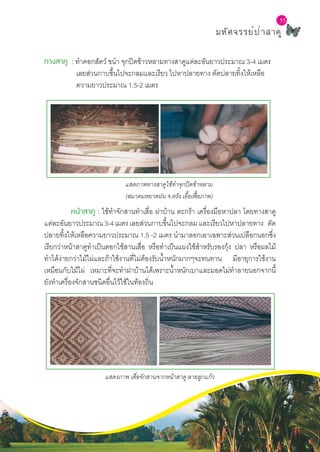 L a b S c h o o l P r o j e c t
55
มหัศจรรย์ป่าสาคู
ทางสาคู : ทำ�คอกสัตว์ ขนำ� จุกปิดข้าวหลาม	ทางสาคูแต่ละอันยาวประมาณ 3-4 เมตร
เลยส่วนกาบขึ้นไปจะกลมและเรียว ไปหาปลายทาง ตัดปลายทิ้งให้เหลือ
ความยาวประมาณ 1.5-2 เมตร
แสดภาพทางสาคูใช้ทำ�จุกปิดข้าหลาม
(สมาคมหยาดฝน จ.ตรัง เอื้อเฟื้อภาพ)
	 หน้าสาคู : ใช้ทำ�จักสานทำ�เสื่อ ฝาบ้าน ตะกร้า เครื่องมือหาปลา โดยทางสาคู
แต่ละอันยาวประมาณ3-4เมตรเลยส่วนกาบขึ้นไปจะกลมและเรียวไปหาปลายทาง ตัด
ปลายทิ้งให้เหลือความยาวประมาณ 1.5 -2 เมตร นำ�มาลอกเอาเฉพาะส่วนเปลือกนอกซึ่ง
เรียกว่าหน้าสาคูทำ�เป็นตอกใช้สานเสื่อ หรือทำ�เป็นแผงใช้สำ�หรับรองกุ้ง ปลา หรือผลไม้
ทำ�ได้ง่ายกว่าไม้ไผ่และถ้าใช้งานที่ไม่ต้องรับน้ำ�หนักมากๆจะทนทาน มีอายุการใช้งาน
เหมือนกับไม้ไผ่ เหมาะที่จะทำ�ฝาบ้านได้เพราะน้ำ�หนักเบาและมอดไม่ทำ�ลายนอกจากนี้
ยังทำ�เครื่องจักสานชนิดอื่นไว้ใช้ในท้องถิ่น
แสดงภาพ เสื่อจักสานจากหน้าสาคู ลายลูกแก้ว
 