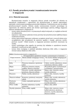 „Projekt współfinansowany ze środków Europejskiego Funduszu Społecznego”
16
4.3. Zasady przechowywania i rozmieszczania towarów
w magazynie
4.3.1. Materiał nauczania
Rozmieszczanie towarów w magazynie dotyczy przede wszystkim ich ułoŜenia na
specjalnych urządzeniach i zapewnienie ich przemieszczania w sposób zapewniający
optymalne wykorzystanie posiadanej powierzchni składowej. UzaleŜnione jest one od rodzaju
przechowywanych towarów. Główne zasady rozmieszczania towarów pozwalające na
zapewnienie ich właściwej jakości jak równieŜ zapewniające sprawną obsługę magazynu
ludziom zatrudnionym w magazynie to:
– towary naleŜy przechowywać w wyznaczonych stałych miejscach, ze względu na łatwość
ich odnalezienia,
– najcięŜsze i najczęściej wydawane towary powinny być przechowywane najbliŜej miejsca
wydawania towarów,
– towary najwcześniej kupowane wydawane są najpierw przed tymi z nowych dostaw przy
uwzględnieniu daty przydatności do spoŜycia, zgodnie z zasadą: „pierwsze weszło,
pierwsze wyszło”. Układ towarów w magazynie powinien umoŜliwić stosowanie tej
zasady,
– towary wydzielające silne zapachy nie powinny być układane w sąsiedztwie towarów
chłonnych i wraŜliwych na takie zapachy,
– towary, które występują w punktach sprzedaŜy detalicznej obok siebie, w magazynie
równieŜ naleŜy składować obok siebie.
Tabela 1. Rozmieszczenie towarów w magazynie [3]
W bezpośrednim sąsiedztwie towarów wymienionych w kolumnie 1
Grupa towarowa MoŜna układać następujące towary Nie moŜna układać następujących
towarów
1 2 3
Ryby Warzywa, konserwy i przetwory
rybne
Cukier, wyroby cukiernicze, owoce
i przetwory zboŜowe, nabiał
Mięso Warzywa, konserwy mięsne,
wędliny, tłuszcze zwierzęce
Wszystkich oprócz wymienionych
w kolumnie 2, pozycja mięso
Nabiał Pieczywo, wyroby cukiernicze,
przetwory, tłuszcze roślinne
Mięso, ryby, warzywa, owoce,
wyroby tytoniowe
Pieczywo Nabiał, wyroby cukiernicze Mięso, ryby, warzywa, wyroby
tytoniowe
Tłuszcze roślinne Konserwy, przetwory warzywne,
nabiał
Mięso, ryby, wyroby cukiernicze,
wyroby tytoniowe
Przetwory
zboŜowe
Cukier, namiastki spoŜywcze Mięso, ryby, wyroby cukiernicze,
wyroby tytoniowe
Wina i wódki Wyroby cukiernicze, wyroby
tytoniowe
Mięso, ryby, nabiał
Wyroby tytoniowe Wina, wódki, zapałki Mięso, ryby, warzywa, owoce,
nabiał, pieczywo, przetwory
zboŜowe, wyroby cukiernicze,
tłuszcze roślinne
 