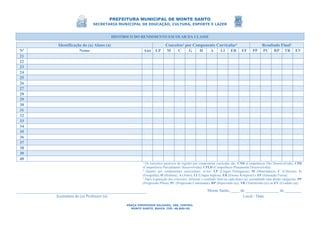 PREFEITURA MUNICIPAL DE MONTE SANTO
SECRETARIA MUNICIPAL DE EDUCAÇÃO, CULTURA, ESPORTE E LAZER
PRAÇA PROFESSOR SALGADO, 200, CENTRO.
MONTE SANTO, BAHIA. CEP: 48.800-00
HISTÓRICO DO RENDIMENTO ESCOLAR DA CLASSE
Identificação do (a) Aluno (a) Conceitos¹ por Componente Curricular² Resultado Final³
Nº Nome Ano LP M C G H A LI ER EF PP PC RP TR EV
21
22
23
24
25
26
27
28
29
30
31
32
33
34
35
36
37
38
39
40
¹ Os conceitos passíveis de registro por componente curricular são: CND (Competência Não Desenvolvida), CPD
(Competência Parcialmente Desenvolvida), CPLD (Competência Plenamente Desenvolvida);
² Quanto aos componentes curriculares, ei-los: LP (Língua Portuguesa), M (Matemática), C (Ciências), G
(Geografia), H (História), A (Artes), LI (Língua Inglesa), ER (Ensino Religioso) e EF (Educação Física);
³ Após à apuração dos conceitos, informar o resultado final de cada aluno (a), assinalando uma destas categorias: PP
(Progressão Plena), PC (Progressão Continuada), RP (Reprovado (a)), TR (Transferido (a)) ou EV (Evadido (a)).
Monte Santo, ____ de ________________ de ________
Assinatura do (a) Professor (a) Local / Data
 