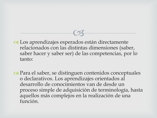 
 Los aprendizajes esperados están directamente
relacionados con las distintas dimensiones (saber,
saber hacer y saber ser) de las competencias, por lo
tanto:
 Para el saber, se distinguen contenidos conceptuales
o declarativos. Los aprendizajes orientados al
desarrollo de conocimientos van de desde un
proceso simple de adquisición de terminología, hasta
aquellos más complejos en la realización de una
función.
 