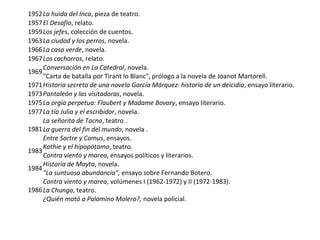 1952La huida del Inca, pieza de teatro.
1957El Desafío, relato.
1959Los jefes, colección de cuentos.
1963La ciudad y los perros, novela.
1966La casa verde, novela.
1967Los cachorros, relato.
1969
Conversación en La Catedral, novela.
"Carta de batalla por Tirant lo Blanc", prólogo a la novela de Joanot Martorell.
1971Historia secreta de una novela García Márquez: historia de un deicidio, ensayo literario.
1973Pantaleón y las visitadoras, novela.
1975La orgía perpetua: Flaubert y Madame Bovary, ensayo literario.
1977La tía Julia y el escribidor, novela.
1981
La señorita de Tacna, teatro .
La guerra del fin del mundo, novela .
Entre Sartre y Camus, ensayos.
1983
Kathie y el hipopótamo, teatro.
Contra viento y marea, ensayos políticos y literarios.
1984
Historia de Mayta, novela.
"La suntuosa abundancia", ensayo sobre Fernando Botero.
1986
Contra viento y marea, volúmenes I (1962-1972) y II (1972-1983).
La Chunga, teatro.
¿Quién mató a Palomino Molero?, novela policial.
 