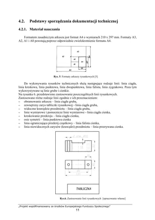 „Projekt współfinansowany ze środków Europejskiego Funduszu Społecznego”
11
4.2. Podstawy sporządzania dokumentacji technicznej
4.2.1. Materiał nauczania
Formatem zasadniczym arkusza jest format A4 o wymiarach 210 x 297 mm. Formaty A3,
A2, A1 i A0 powstają poprzez odpowiednie zwielokrotnienie formatu A4.
Rys. 5. Formaty arkuszy rysunkowych [5]
Do wykonywania rysunków technicznych słuŜą następujące rodzaje linii: linia ciągła,
linia kreskowa, linia punktowa, linia dwupunktowa, linia falista, linia zygzakowa. Poza tym
wykorzystywane są linie grube i cienkie.
Na rysunku 6. przedstawiono zastosowanie poszczególnych linii rysunkowych.
Zastosowano róŜne rodzaje linii zgodnie z ich przeznaczeniem:
−−−− obramowanie arkusza – linia ciągła gruba,
−−−− zewnętrzny zarys tabliczki rysunkowej - linia ciągła gruba,
−−−− widoczne krawędzie przedmiotu – linia ciągła gruba,
−−−− linie wymiarowe i pomocnicze linie wymiarowe - linia ciągła cienka,
−−−− kreskowanie przekroju – linia ciągła cienka,
−−−− osie symetrii – linia punktowa cienka
−−−− linia ograniczająca przekrój cząstkowy – linia falista cienka,
−−−− linia niewidocznych zarysów (krawędzi) przedmiotu – linia przerywana cienka.
Rys.6. Zastosowanie linii rysunkowych [opracowanie własne]
 
