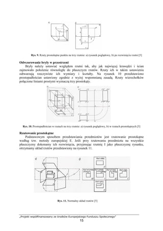 „Projekt współfinansowany ze środków Europejskiego Funduszu Społecznego”
15
Rys. 9. Rzuty prostokątne punktu na trzy rzutnie: a) rysunek poglądowy, b) po rozwinięciu rzutni [5]
Odwzorowanie bryły w przestrzeni
Bryły naleŜy ustawiać względem rzutni tak, aby jak najwięcej krawędzi i ścian
zajmowało połoŜenie równoległe do płaszczyzn rzutów. Rzuty ich w takim ustawieniu
odtwarzają rzeczywiste ich wymiary i kształty. Na rysunek 10 przedstawiono
prostopadłościan ustawiony zgodnie z wyŜej wspomnianą zasadą. Rzuty wierzchołków
połączone liniami prostymi wyznaczą trzy prostokąty.
Rys. 10. Prostopadłościan w rzutach na trzy rzutnie: a) rysunek poglądowy, b) w rzutach prostokątnych [5]
Rzutowanie prostokątne
Podstawowym sposobem przedstawiania przedmiotów jest rzutowanie prostokątne
według tzw. metody europejskiej E. Jeśli przy rzutowaniu przedmiotu na wszystkie
płaszczyzny dokonamy ich rozwinięcia, przyjmując rzutnię I jako płaszczyznę rysunku,
otrzymamy układ rzutów przedstawiony na rysunek 11.
Rys. 11. Normalny układ rzutów [5]
 