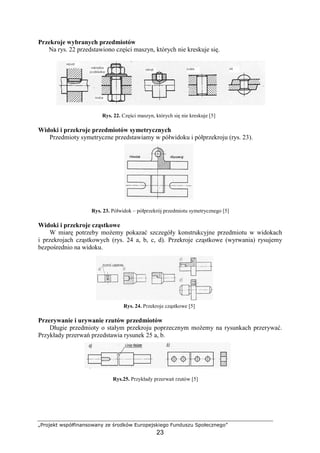 „Projekt współfinansowany ze środków Europejskiego Funduszu Społecznego”
23
Przekroje wybranych przedmiotów
Na rys. 22 przedstawiono części maszyn, których nie kreskuje się.
Rys. 22. Części maszyn, których się nie kreskuje [5]
Widoki i przekroje przedmiotów symetrycznych
Przedmioty symetryczne przedstawiamy w półwidoku i półprzekroju (rys. 23).
Rys. 23. Półwidok – półprzekrój przedmiotu symetrycznego [5]
Widoki i przekroje cząstkowe
W miarę potrzeby moŜemy pokazać szczegóły konstrukcyjne przedmiotu w widokach
i przekrojach cząstkowych (rys. 24 a, b, c, d). Przekroje cząstkowe (wyrwania) rysujemy
bezpośrednio na widoku.
Rys. 24. Przekroje cząstkowe [5]
Przerywanie i urywanie rzutów przedmiotów
Długie przedmioty o stałym przekroju poprzecznym moŜemy na rysunkach przerywać.
Przykłady przerwań przedstawia rysunek 25 a, b.
Rys.25. Przykłady przerwań rzutów [5]
 