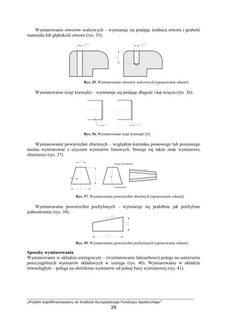 „Projekt współfinansowany ze środków Europejskiego Funduszu Społecznego”
29
Wymiarowanie otworów walcowych – wymiaruje się podając średnicę otworu i grubość
materiału lub głębokość otworu (rys. 35).
Rys. 35. Wymiarowanie otworów walcowych [opracowanie własne]
Wymiarowanie ścięć krawędzi – wymiaruje się podając długość i kąt ścięcia (rys. 36).
Rys. 36. Wymiarowanie ścięć krawędzi [6]
Wymiarowanie powierzchni zbieŜnych – względem kierunku pionowego lub poziomego
moŜna wymiarować z uŜyciem wymiarów liniowych. Stosuje się takŜe znak wymiarowy
zbieŜności (rys. 37).
Rys. 37. Wymiarowanie powierzchni zbieŜnych [opracowanie własne]
Wymiarowanie powierzchni pochylonych – wymiaruje się podobnie jak pochylone
jednostronnie (rys. 38).
Rys. 39. Wymiarowanie powierzchni pochylonych [opracowanie własne]
Sposoby wymiarowania
Wymiarowanie w układzie szeregowym – (wymiarowanie łańcuchowe) polega na ustawieniu
poszczególnych wymiarów składowych w szeregu (rys. 40). Wymiarowanie w układzie
równoległym – polega na określeniu wymiarów od jednej bazy wymiarowej (rys. 41).
 