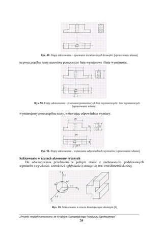 „Projekt współfinansowany ze środków Europejskiego Funduszu Społecznego”
34
Rys. 49. Etapy szkicowania – rysowanie niewidocznych krawędzi [opracowanie własne]
na poszczególne rzuty nanosimy pomocnicze linie wymiarowe i linie wymiarowe,
Rys. 50. Etapy szkicowania – rysowanie pomocniczych linii wymiarowych i linii wymiarowych
[opracowanie własne]
wymiarujemy poszczególne rzuty, wstawiając odpowiednie wymiary.
Rys. 51. Etapy szkicowania – wstawianie odpowiednich wymiarów [opracowanie własne]
Szkicowanie w rzutach aksonometrycznych
Do odwzorowania przedmiotu w jednym rzucie z zachowaniem podstawowych
wymiarów (wysokości, szerokości i głębokości) stosuje się tzw. rzut dimetrii ukośnej.
Rys. 10. Szkicowanie w rzucie dimetrycznym ukośnym [6]
 