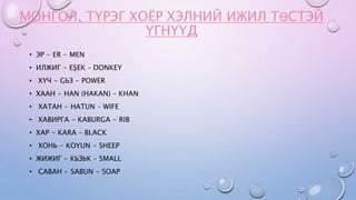 МОНГОЛ, ТҮРЭГ ХОЁР ХЭЛНИЙ ИЖИЛ ТӨСТЭЙ
ҮГНҮҮД
• ЭР - ER - MEN
• ИЛЖИГ - EŞEK – DONKEY
• ХҮЧ - GЬЗ - POWER
• ХААН - HAN (HAKAN) – KHAN
• ХАТАН - HATUN – WIFE
• ХАВИРГА - KABURGA - RIB
• ХАР - KARA – BLACK
• ХОНЬ - KOYUN - SHEEP
• ЖИЖИГ - KЬЗЬK – SMALL
• САВАН - SABUN - SOAP
 