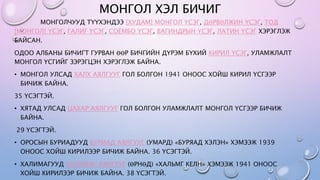 МОНГОЛ ХЭЛ БИЧИГ
МОНГОЛЧУУД ТҮҮХЭНДЭЭ [ХУДАМ] МОНГОЛ ҮСЭГ, ДӨРВӨЛЖИН ҮСЭГ, ТОД
[МОНГОЛ] ҮСЭГ, ГАЛИГ ҮСЭГ, СОЁМБО ҮСЭГ, ВАГИНДРЫН ҮСЭГ, ЛАТИН ҮСЭГ ХЭРЭГЛЭЖ
БАЙСАН.
ОДОО АЛБАНЫ БИЧИГТ ГУРВАН ӨӨР БИЧГИЙН ДҮРЭМ БҮХИЙ КИРИЛ ҮСЭГ, УЛАМЖЛАЛТ
МОНГОЛ ҮСГИЙГ ЗЭРЭГЦЭН ХЭРЭГЛЭЖ БАЙНА.
• МОНГОЛ УЛСАД ХАЛХ АЯЛГУУГ ГОЛ БОЛГОН 1941 ОНООС ХОЙШ КИРИЛ ҮСГЭЭР
БИЧИЖ БАЙНА.
35 ҮСЭГТЭЙ.
• ХЯТАД УЛСАД ЦАХАР АЯЛГУУГ ГОЛ БОЛГОН УЛАМЖЛАЛТ МОНГОЛ ҮСГЭЭР БИЧИЖ
БАЙНА.
29 ҮСЭГТЭЙ.
• ОРОСЫН БУРИАДУУД БУРИАД АЯЛГУУГ (УМАРД) «БУРЯАД ХЭЛЭН» ХЭМЭЭЖ 1939
ОНООС ХОЙШ КИРИЛЭЭР БИЧИЖ БАЙНА. 36 ҮСЭГТЭЙ.
• ХАЛИМАГУУД ХАЛИМАГ АЯЛГУУГ (ӨРНӨД) «ХАЛЬМГ КЕЛН» ХЭМЭЭЖ 1941 ОНООС
ХОЙШ КИРИЛЭЭР БИЧИЖ БАЙНА. 38 ҮСЭГТЭЙ.
 