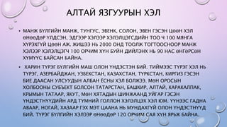 АЛТАЙ ЯЗГУУРЫН ХЭЛ
• МАНЖ БҮЛГИЙН МАНЖ, ТУНГУС, ЭВЕНК, СОЛОН, ЭВЕН ГЭСЭН ЦӨӨН ХЭЛ
ӨНӨӨДӨР ҮЛДСЭН, ЭДГЭЭР ХЭЛЭЭР ХЭЛЭЛЦЭГСДИЙН ТОО Ч 100 МЯНГА
ХҮРЭХГҮЙ ЦӨӨН АЖ. ЖИШЭЭ НЬ 2000 ОНД ТООЛЖ ТОГТООСНООР МАНЖ
ХЭЛЭЭР ХЭЛЭЛЦЭГЧ 100 ОРЧИМ ХҮН БУЙН ДИЙЛЭНХ НЬ 90 НАС ӨНГӨРСӨН
ХҮМҮҮС БАЙСАН БАЙНА.
• ХАРИН ТҮРЭГ БҮЛГИЙН МАШ ОЛОН ҮНДЭСТЭН БИЙ. ТИЙМЭЭС ТҮРЭГ ХЭЛ НЬ
ТҮРЭГ, АЗЕРБАЙДЖАН, УЗБЕКСТАН, КАЗАХСТАН, ТҮРКСТАН, КИРГИЗ ГЭСЭН
БИЕ ДААСАН УЛСУУДЫН АЛБАН ЁСНЫ ХЭЛ БОЛЖЭЭ. МӨН ОРОСЫН
ХОЛБООНЫ СУБЪЕКТ БОЛСОН ТАТАРСТАН, БАШКИР, АЛТАЙ, КАРАКАЛПАК,
КРЫМЫН ТАТААР, ЯКУТ, МӨН ХЯТАДЫН ШИНЖААНД УЙГАР ГЭСЭН
ҮНДЭСТНҮҮДИЙН АРД ТҮМНИЙ ГОЛЛОН ХЭЛЭЛЦЭХ ХЭЛ ЮМ. ҮҮНЭЭС ГАДНА
АВААР, НОГАЙ, ХАЗААР ГЭХ МЭТ ЦААНА НЬ МУНДАХГҮЙ ОЛОН ҮНДЭСТНҮҮД
БИЙ. ТҮРЭГ БҮЛГИЙН ХЭЛЭЭР ӨНӨӨДӨР 120 ОРЧИМ САЯ ХҮН ЯРЬЖ БАЙНА.
 