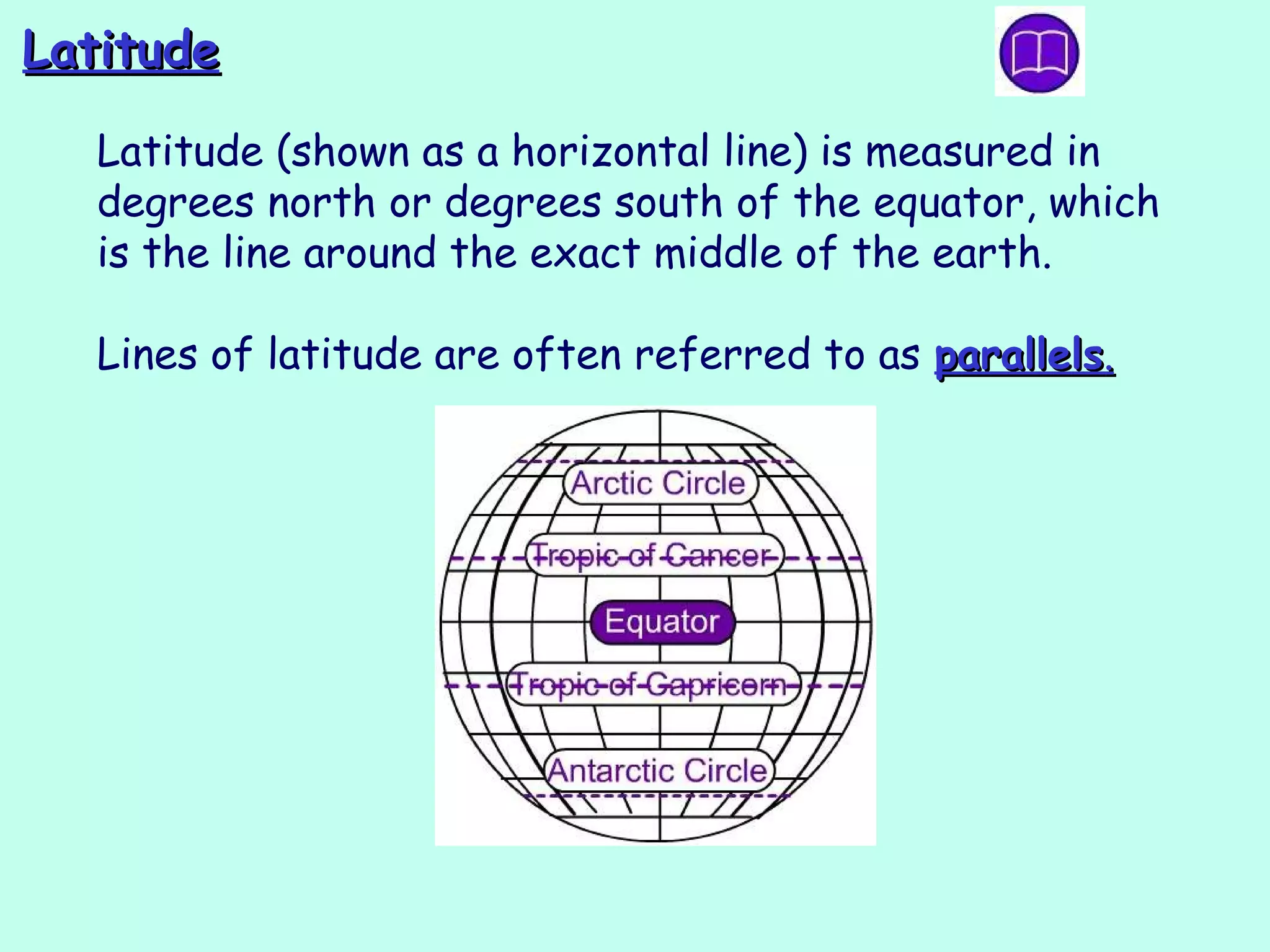 LatitudeLatitude
Latitude (shown as a horizontal line) is measured in
degrees north or degrees south of the equator, which
is the line around the exact middle of the earth.
Lines of latitude are often referred to as parallelsparallels..
 