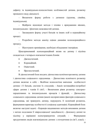 10
дефекту та індивідуально-психологічних особливостей дитини, розвитку
провідного виду діяльності.
– Визначити форму роботи з дитиною (групова, сімейна,
індивідуальна).
– Відібрати відповідні методи і техніки з врахуванням вікових,
інтелектуальних і фізичних можливостей дитини.
– Запланувати форму участі батьків та інших осіб в корекційному
процесі.
– Розробити методи аналізу оцінки динаміки психокорекційного
процесу.
– Підготувати приміщення, необхідне обладнання іматеріали.
Цілеспрямований психокорекційний вплив на дитину і підлітка
складається з чотирьох взаємопов’язаних блоків:
 Діагностичний.
 Корекційний.
 Оціночний.
 Прогностичний.
В діагностичний блок входять діагностика психічногорозвитку дитини
і діагностика соціального середовища. - Діагностика психічного розвитку
дитини включає в себе: - Всебічне психологічне вивчення особистості
дитини і її батьків, системи їх стосунків; - Аналіз мотиваційно-потребної
сфери дитини і членів її сім'ї; - Визначення рівня розвитку сенсорно-
перцептивних та інтелектуальних процесів і функцій; - Діагностику
соціального середовища дитини (аналіз несприятливих факторів соціального
середовища, які травмують дитину, порушують її психічний розвиток,
формування характеру особистості і соціальну адаптацію). Корекційний блок
включає наступні задачі: - Корекція неадекватних методів виховання дитини
з метою подолання її мікросоціальної занедбаності; - Допомогу дитині чи
підлітку у вирішенні психотравмуючих ситуацій; - Формування
продуктивних видів взаємовідносин дитини з оточуючими (в сім’ї, класі); -
 