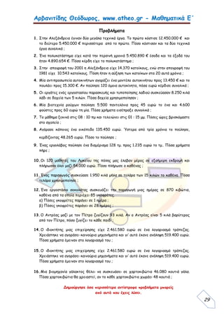 Αρβανιτίδης Θεόδωρος, www.atheo.gr - Μαθηματικά Ε΄
 
29
Προβλήματα
1. Στην Αλεξάνδρεια έγιναν δύο μεγάλα τεχνικά έργα. Το πρώτο κόστισε 12.450.000 € και
το δεύτερο 5.450.000 € περισσότερα από το πρώτο. Πόσο κόστισαν και τα δύο τεχνικά
έργα συνολικά ;
2. Ένα πολυκατάστημα είχε κατά την περσινή χρονιά 5.450.890 € έσοδα και τα έξοδά του
ήταν 4.890.654 €. Πόσα κέρδη είχε το πολυκατάστημα ;
3. Στην απογραφή του 2001 η Αλεξάνδρεια είχε 14.370 κατοίκους, ενώ στην απογραφή του
1981 είχε 10.543 κατοίκους. Πόση ήταν η αύξηση των κατοίκων στα 20 αυτά χρόνια ;
4. Μία αντιπροσωπεία αυτοκινήτων αγοράζει ένα μοντέλο αυτοκινήτου προς 13.450 € και το
πουλάει προς 15.300 €. Αν πούλησε 120 όμοια αυτοκίνητα, πόσα ευρώ κέρδισε συνολικά ;
5. Οι εργάτες ενός εργοστασίου παρασκευής και τυποποίησης λαδιού συσκεύασαν 8.250 κιλά
λάδι σε δοχεία των 5 κιλών. Πόσα δοχεία χρησιμοποίησαν ;
6. Μία βιοτεχνία ρούχων πούλησε 5.500 παντελόνια προς 45 ευρώ το ένα και 4.600
φούστες προς 60 ευρώ τη μία. Πόσα χρήματα εισέπραξε συνολικά ;
7. Το μάθημα ξεκινά στις 08 : 10 πμ και τελειώνει στις 01 : 15 μμ. Πόσες ώρες βρισκόμαστε
στο σχολείο ;
8. Αγόρασε κάποιος ένα οικόπεδο 135.450 ευρώ. Ύστερα από τρία χρόνια το πούλησε,
κερδίζοντας 48.265 ευρώ. Πόσο το πούλησε ;
9. Ένας εργολάβος πούλησε ένα διαμέρισμα 128 τμ. προς 1.235 ευρώ το τμ.. Πόσα χρήματα
πήρε ;
10.Οι 120 μαθητές του Λυκείου της πόλης μας έλαβαν μέρος σε εξαήμερη εκδρομή και
πλήρωσαν όλοι μαζί 54.000 ευρώ. Πόσο πλήρωσε ο καθένας ;
11.Ένας παραγωγός συσκεύασε 1.950 κιλά μήλα σε τελάρα των 15 κιλών το καθένα. Πόσα
τελάρα χρησιμοποίησε ;
12.Ένα εργοστάσιο σοκολάτας συσκευάζει την παραγωγή μιας ημέρας σε 870 κιβώτια,
καθένα από τα οποία περιέχει 85 γκοφρέτες.
α) Πόσες γκοφρέτες παράγει σε 1 ημέρα ;
β) Πόσες γκοφρέτες παράγει σε 28 ημέρες ;
13.Ο Αντρέας μαζί με τον Πέτρο ζυγίζουν 93 κιλά. Αν ο Αντρέας είναι 5 κιλά βαρύτερος
από τον Πέτρο, πόσο ζυγίζει το κάθε παιδί ;
14.Ο ιδιοκτήτης μιας επιχείρησης είχε 2.461.580 ευρώ σε ένα λογαριασμό τράπεζας.
Χρειάστηκε να αγοράσει καινούρια μηχανήματα και γι’ αυτό έκανε ανάληψη 519.400 ευρώ.
Πόσα χρήματα έμειναν στο λογαριασμό του ;
15.Ο ιδιοκτήτης μιας επιχείρησης είχε 2.461.580 ευρώ σε ένα λογαριασμό τράπεζας.
Χρειάστηκε να αγοράσει καινούρια μηχανήματα και γι’ αυτό έκανε ανάληψη 519.400 ευρώ.
Πόσα χρήματα έμειναν στο λογαριασμό του ;
16.Μια βιομηχανία γάλακτος θέλει να συσκευάσει σε χαρτοκιβώτια 46.080 κουτιά γάλα.
Πόσα χαρτοκιβώτια θα χρειαστεί, αν το κάθε χαρτοκιβώτιο χωράει 48 κουτιά ;
Δημιούργησε όσα περισσότερα αντίστροφα προβλήματα μπορείς
από αυτά που έχεις λύσει.
 