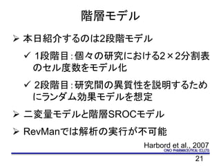 21
階層モデル
 本日紹介するのは2段階モデル
 1段階目：個々の研究における2×2分割表
のセル度数をモデル化
 2段階目：研究間の異質性を説明するため
にランダム効果モデルを想定
 二変量モデルと階層SROCモデル
 RevManでは解析の実行が不可能
Harbord et al., 2007
 