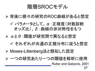 27
階層SROCモデル
 背後に個々の研究のROC曲線があると想定
 パラメータとして、α：正確度（対数診断
オッズ比）、β：曲線の非対称性をもつ
 αとθ：閾値が研究間で異なると想定
 それぞれが共通の正規分布に従うと想定
 Moses-Littenberg法と類似した設定
 一つの研究あたり一つの閾値を解析に使用
Rutter and Gatsonis, 2001
 