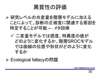 30
異質性の評価
 研究レベルの共変量を階層モデルに加える
ことによって、診断の正確度に関連する要因を
特定することが可能
 二変量モデルでは感度、特異度の値が
どのように変化するか、階層SROCモデル
では曲線の位置や形状がどのように変化
するか
 Ecological fallacyの問題
← メタ回帰
 