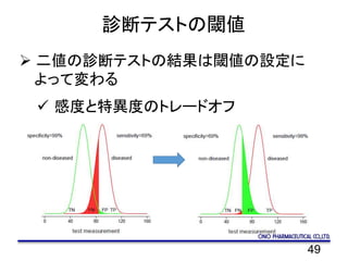 診断テストの閾値
 二値の診断テストの結果は閾値の設定に
よって変わる
 感度と特異度のトレードオフ
49
 