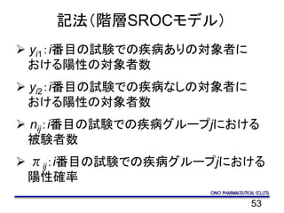 53
記法（階層SROCモデル）
 yi1：i番目の試験での疾病ありの対象者に
おける陽性の対象者数
 yi2：i番目の試験での疾病なしの対象者に
おける陽性の対象者数
 nij：i番目の試験での疾病グループjにおける
被験者数
 πij：i番目の試験での疾病グループjにおける
陽性確率
 