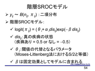 54
階層SROCモデル
 yij ～ B(nij, πij) ：二項分布
 階層SROCモデル：
 logit(πij) = (θi+αidisij)exp(-βdisij)
 disij：真の疾病の状態
（疾病あり = 0.5 or なし = -0.5）
 θi：閾値の代替となるパラメータ
（Moses-Littenberg法におけるS/2と等価）
 βは固定効果としてモデルに含まれる
 