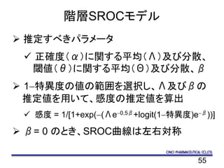 55
階層SROCモデル
 推定すべきパラメータ
 正確度（α）に関する平均（Λ）及び分散、
閾値（θ）に関する平均（Θ）及び分散、β
 1-特異度の値の範囲を選択し、Λ及びβの
推定値を用いて、感度の推定値を算出
 感度 = 1/[1+exp(-(Λe-0.5β+logit(1-特異度)e-β))]
 β= 0 のとき、SROC曲線は左右対称
 