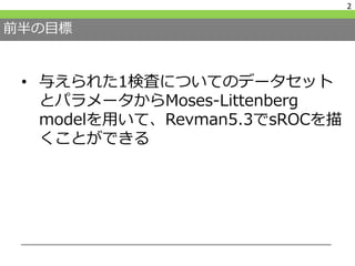 前半の目標
• 与えられた1検査についてのデータセット
とパラメータからMoses-Littenberg
modelを用いて、Revman5.3でsROCを描
くことができる
2
 