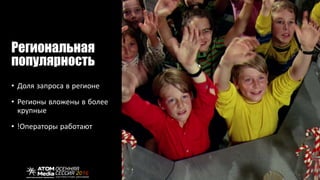 Региональная
популярность
• Доля запроса в регионе
• Регионы вложены в более
крупные
• !Операторы работают
 