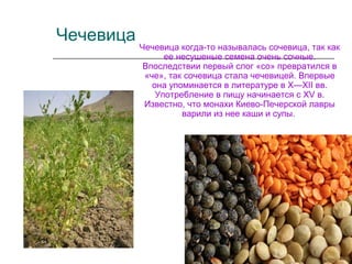 Чечевица
Чечевица когда-то называлась сочевица, так как
ее несушеные семена очень сочные.
Впоследствии первый слог «со» превратился в
«че», так сочевица стала чечевицей. Впервые
она упоминается в литературе в X—XII вв.
Употребление в пищу начинается с XV в.
Известно, что монахи Киево-Печерской лавры
варили из нее каши и супы.
 