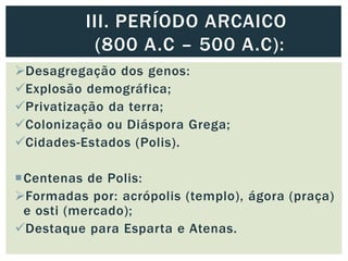 Desagregação dos genos:
Explosão demográfica;
Privatização da terra;
Colonização ou Diáspora Grega;
Cidades-Estados (Polis).
Centenas de Polis:
Formadas por: acrópolis (templo), ágora (praça)
e osti (mercado);
Destaque para Esparta e Atenas.
III. PERÍODO ARCAICO
(800 A.C – 500 A.C):
 