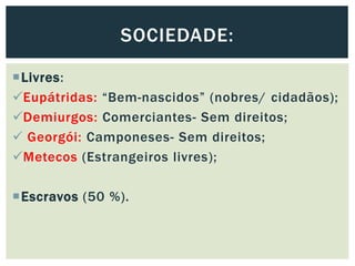 Livres:
Eupátridas: “Bem-nascidos” (nobres/ cidadãos);
Demiurgos: Comerciantes- Sem direitos;
 Georgói: Camponeses- Sem direitos;
Metecos (Estrangeiros livres);
Escravos (50 %).
SOCIEDADE:
 