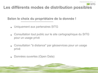 PRESENTATION SITG | 14
Selon le choix du propriétaire de la donnée !
•  Uniquement aux partenaires SITG
•  Consultation tout public sur le site cartographique du SITG
pour un usage privé
•  Consultation "à distance" par géoservices pour un usage
privé
•  Données ouvertes (Open Data)
Les différents modes de distribution possibles
 