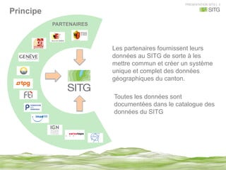 PRESENTATION SITG | 3
Principe
PARTENAIRES
Les partenaires fournissent leurs
données au SITG de sorte à les
mettre commun et créer un système
unique et complet des données
géographiques du canton.
Toutes les données sont
documentées dans le catalogue des
données du SITG
 