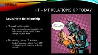 HT – MT RELATIONSHIP TODAY
Love/Hate Relationship
• “Forced” collaboration
• Stress put on human translators to
reduce cost, adapt to MT errors,
change his/her work
• Ostracizing Human Translators
• By defining areas where “only MT”
could perform for cost or volume
reasons
 