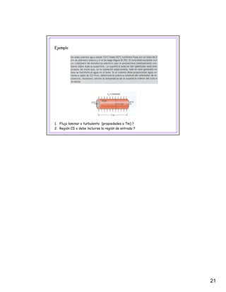 21
Ejemplo
1. Flujo laminar o turbulento (propiedades a Tm) ?
2. Región CD o debe incluirse la región de entrada ?
 