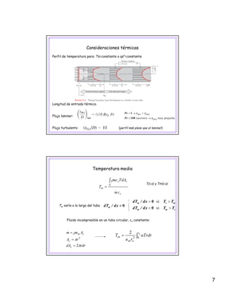 7
Perfil de temperatura para: Ts=constante o qs”=constante
Consideraciones térmicas
Longitud de entrada térmica
Flujo laminar:
Flujo turbulento: (perfil más plano que el laminar)
(aceites) muy pequeña
fd ,t fd ,h
fd ,h
Pr x x
Pr x
> → >
≥ →
1
100
Temperatura media
c
A
v
m
dATuc
T c
∫
=
ρ
T(r,x) y Tm(r,x)
v
.
cm
Fluido incompresible en un tubo circular, cv constante:
Tm varía a lo largo del tubo mdT / dx ≠ 0
si
si
m s m
m m s
dT / dx T T
dT / dx T T
> >
< >
0
0
rdrdA
rA
Aum
c
c
cm
.
π
π
ρ
2
2
=
=
=
∫= or
om
m uTrdr
ru
T 02
2
 