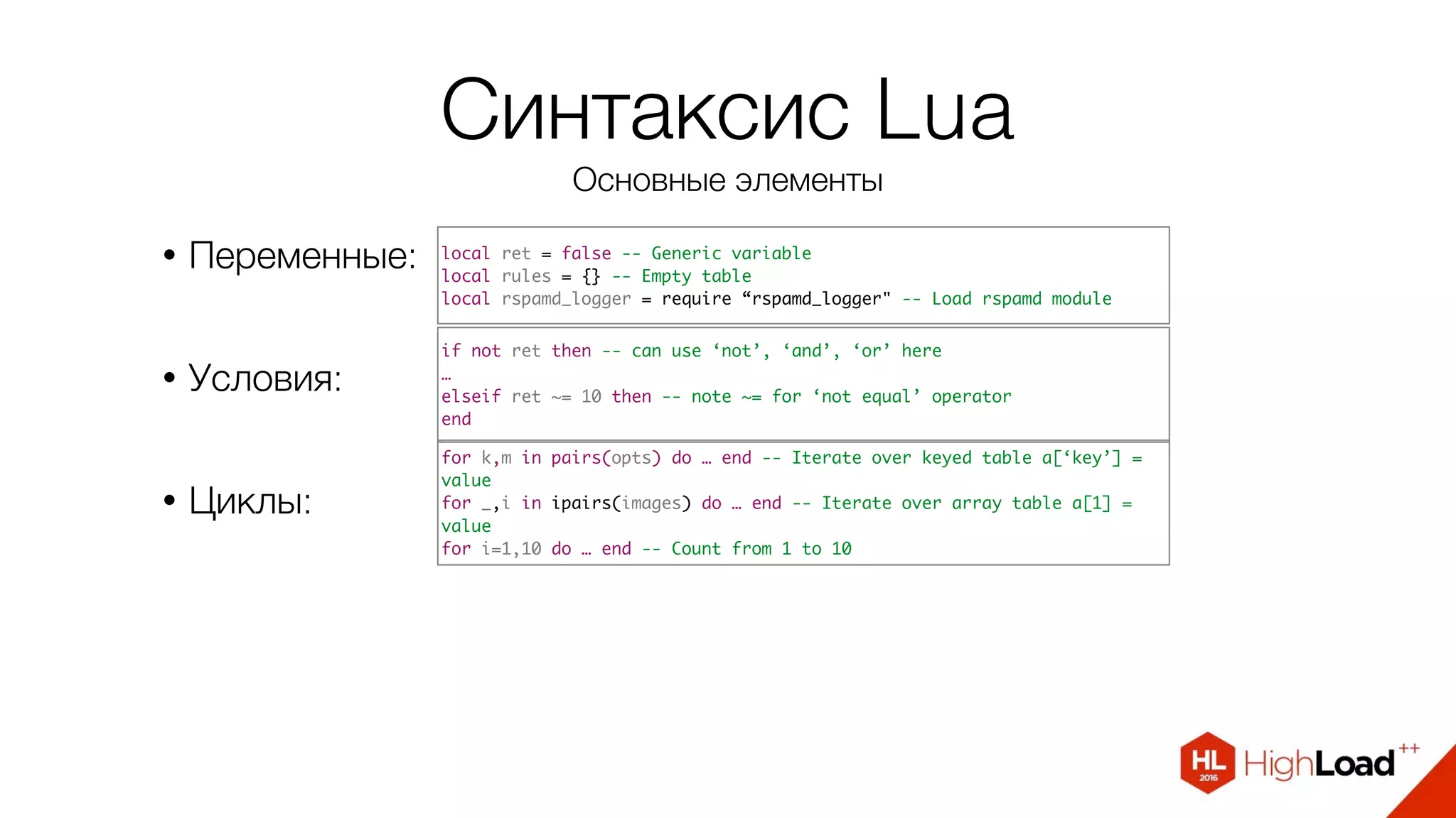 Синтаксис Lua
Основные элементы
• Переменные:
• Условия:
• Циклы:
local ret = false -- Generic variable
local rules = {} -- Empty table
local rspamd_logger = require “rspamd_logger" -- Load rspamd module
if not ret then -- can use ‘not’, ‘and’, ‘or’ here
…
elseif ret ~= 10 then -- note ~= for ‘not equal’ operator
end
for k,m in pairs(opts) do … end -- Iterate over keyed table a[‘key’] =
value
for _,i in ipairs(images) do … end -- Iterate over array table a[1] =
value
for i=1,10 do … end -- Count from 1 to 10
 