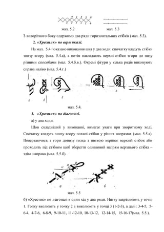 мал. 5.2 мал. 5.3
З виворітного боку одержимо два ряди горизонтальних стібків (мал. 5.3).
2. «Хрестик» по вертикалі.
На мал. 5.4 показано виконання шва у два ходи: спочатку кладуть стібки
знизу вгору (мал. 5.4.а), а потім накладають верхні стібки згори до низу
різними способами (мал. 5.4.б.в.). Окремі фігури у кілька рядів виконують
справа наліво (мал. 5.4.г.)
мал. 5.4.
3. «Хрестик» по діагоналі.
а) у два ходи.
Шов складніший у виконанні, вимагає уваги при зворотному ході.
Спочатку кладуть знизу вгору похилі стібки у різних напрямах (мал. 5.5.а).
Повертаючись з гори донизу голка з ниткою вкриває верхній стібок або
проходить під стібком щоб зберегти однаковий напрям верхнього стібка –
зліва направо (мал. 5.5.б).
мал. 5.5
б) «Хрестик» по діагоналі в один хід у два ряди. Нитку закріплюють у точці
1. Голку вколюють у точку 2 а виколюють у точці 3 (1-2-3), а далі : 3-4-5, 5-
6-4, 4-7-6, 6-8-9, 9-10-11, 11-12-10, 10-13-12, 12-14-15, 15-16-17(мал. 5.5.).
 