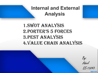 Internal and External
Analysis
1.SWOT ANALYSIS
2.PORTER’s 5 FORcEs
3.PEST Analysis
4.Value Chain Analysis
 