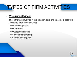 TYPES OF FIRM ACTIVITIES
• Primary activities:
Those that are involved in the creation, sale and transfer of products
(including after-sales service)
 Inbound logistics
 Operations
 Outbound logistics
 Sales and marketing
 Service and support
(18)
 