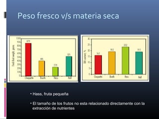 Peso fresco v/s materia seca
• Hass, fruta pequeña
• El tamaño de los frutos no esta relacionado directamente con la
extracción de nutrientes
 