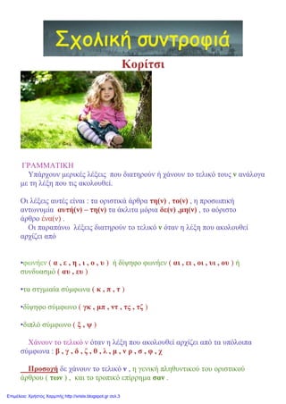 Κορίτσι
ΓΡΑΜΜΑΤΙΚΗ
Υπάρχουν μερικές λέξεις που διατηρούν ή χάνουν το τελικό τους ν ανάλογα
με τη λέξη που τις ακολουθεί.
Οι λέξεις αυτές είναι : τα οριστικά άρθρα τη(ν) , το(ν) , η προσωπική
αντωνυμία αυτή(ν) – τη(ν) τα άκλιτα μόρια δε(ν) ,μη(ν) , το αόριστο
άρθρο ένα(ν) .
Οι παραπάνω λέξεις διατηρούν το τελικό ν όταν η λέξη που ακολουθεί
αρχίζει από
•φωνήεν ( α , ε , η , ι , ο , υ ) ή δίψηφο φωνήεν ( αι , ει , οι , υι , ου ) ή
συνδυασμό ( αυ , ευ )
•τα στγμιαία σύμφωνα ( κ , π , τ )
•δίψηφο σύμφωνο ( γκ , μπ , ντ , τς , τζ )
•διπλό σύμφωνο ( ξ , ψ )
Χάνουν το τελικό ν όταν η λέξη που ακολουθεί αρχίζει από τα υπόλοιπα
σύμφωνα : β , γ , δ , ζ , θ , λ , μ , ν ρ , σ , φ , χ
Προσοχή δε χάνουν το τελικό ν , η γενική πληθυντικού του οριστικού
άρθρου ( των ) , και το τροπικό επίρρημα σαν .
Επιμέλεια: Χρήστος Χαρμπής http://xristx.blogspot.gr σελ.3
 