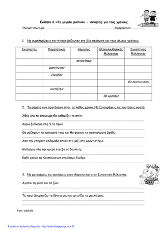 Ενότητα 6 «Το µεγάλο µυστικό» - Ασκήσεις για τους χρόνους
Ονοµατεπώνυµο: ……………………………………………………………………………………..…Ηµεροµηνία: ……………….
1. Να συµπληρώσεις τον πίνακα βάζοντας στο ίδιο πρόσωπο και τους άλλους χρόνους.
Ενεστώτας Παρατατικός Αόριστος Εξακολουθητικός
Μέλλοντας
Συνοπτικός
Μέλλοντας
συνεχίσαµε
µαστίγωναν
έκρυβαν
θα σκοτεινιάσει
κοιτάζαµε
θα κρατάµε
2. Τα ρήµατα των προτάσεων είναι σε λάθος χρόνο. Να ξαναγράψεις τις προτάσεις σωστά.
Χθές όλο το απόγευµα θα καθαρίζει το σπίτι.
……………………………………………………………………………………………………………………………………………………………..
Αύριο ξύπνησα στις 9 το πρωί.
………………………………………………………………………………………………………………………………………………………………
Θα µαζέψουν τα πράγµατά τους και θα φύγουν το προηγούµενο βράδυ.
………………………………………………………………………………………………………………………………………………………………
Από την επόµενη εβδοµάδα πηγαίνετε µαζί στο φροντιστήριο.
………………………………………………………………………………………………………………………………………………………………
Μεθαύριο όλη την ηµέρα έτρεξα σε δουλειές.
………………………………………………………………………………………………………………………………………………………………
Κάθε χρόνο τα Χριστούγεννα στολίσαµε δένδρο.
………………………………………………………………………………………………………………………………………………………………
3. Να µεταφέρεις τις προτάσεις στον Αόριστο και στον Συνοπτικό Μέλλοντα.
Αγαπώ τη φύση και τα ζώα.
………………………………………………………………………………………………………………………………………………………………
………………………………………………………………………………………………………………………………………………………………
Το πρωί βουρτσίζω τα δόντια µου και χτενίζω τα µαλλιά µου.
………………………………………………………………………………………………………………………………………………………………
………………………………………………………………………………………………………………………………………………………………
kyra_daskala
Επιμέλεια: Χρήστος Χαρμπής http://xristx.blogspot.gr σελ.23
 