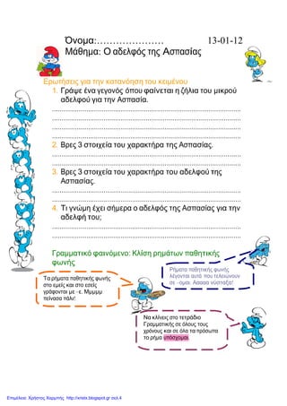 Όνοµα:………………… 13-01-12
Μάθηµα: Ο αδελφός της Ασπασίας
Ερωτήσεις για την κατανόηση του κειμένου
1. Γράψε ένα γεγονός όπου φαίνεται η ζήλια του μικρού
αδελφού για την Ασπασία.
………………………………………………………………………………………
………………………………………………………………………………………
………………………………………………………………………………………
………………………………………………………………………………………
2. Βρες 3 στοιχεία του χαρακτήρα της Ασπασίας.
………………………………………………………………………………………
………………………………………………………………………………………
3. Βρες 3 στοιχεία του χαρακτήρα του αδελφού της
Ασπασίας.
………………………………………………………………………………………
………………………………………………………………………………………
4. Τι γνώμη έχει σήμερα ο αδελφός της Ασπασίας για την
αδελφή του;
………………………………………………………………………………………
………………………………………………………………………………………
Γραμματικό φαινόμενο: Κλίση ρημάτων παθητικής
φωνής
Τα ρήµατα παθητικής φωνής
στο εµείς και στο εσείς
γράφονται µε –ε. Μµµµµ
πείνασα πάλι!
Ρήµατα παθητικής φωνής
λέγονται αυτά που τελειώνουν
σε –οµαι. Ααααα νύσταξα!
Να κλίνεις στο τετράδιο
Γραµµατικής σε όλους τους
χρόνους και σε όλα τα πρόσωπα
το ρήµα υπόσχοµαι.
Επιμέλεια: Χρήστος Χαρμπής http://xristx.blogspot.gr σελ.4
Μαριάνθη Χαλκίτη
 