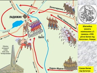 Схема битви
під Батогом
Ювілейна
монета
номіналом у 5
гривень «350-
річчя битви під
Батогом». Реверс
 