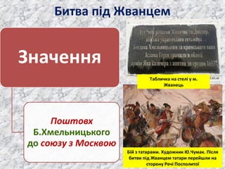 Битва під Жванцем
Бій з татарами. Художник Ю.Чумак. Після
битви під Жванцем татари перейшли на
сторону Речі Посполитої
Табличка на стелі у м.
Жванець
 