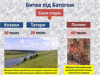 Битва під Батогом
Сили сторін
Мартин Калиновський
великий коронний гетьман
з крилатими гусарами
Місцевіть битви під Батогом (неподалік сучасного села
Четвертинівки Тростянецького району на Вінниччині)
 